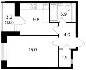 1-к квартира, на длительный срок, 38м2, 6/15 этаж