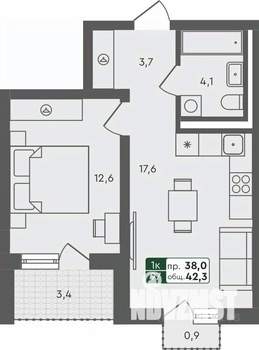 1-к квартира, строящийся дом, 42м2, 4/4 этаж