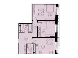 3-к квартира, строящийся дом, 62м2, 26/28 этаж
