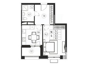 1-к квартира, вторичка, 37м2, 12/21 этаж