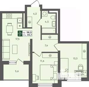 2-к квартира, строящийся дом, 64м2, 1/4 этаж