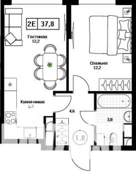 1-к квартира, вторичка, 38м2, 8/17 этаж