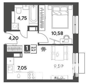 1-к квартира, строящийся дом, 36м2, 2/14 этаж