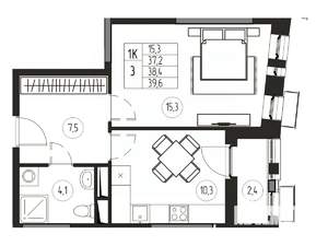 1-к квартира, вторичка, 38м2, 18/21 этаж