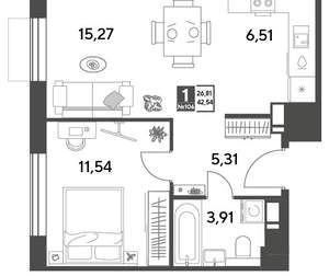 1-к квартира, строящийся дом, 43м2, 2/15 этаж