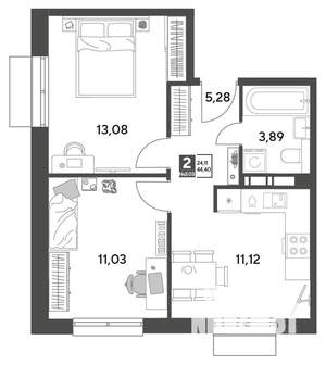 2-к квартира, строящийся дом, 44м2, 7/15 этаж