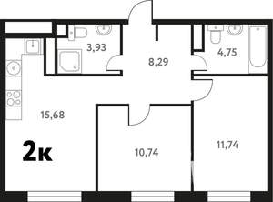 2-к квартира, строящийся дом, 55м2, 2/17 этаж