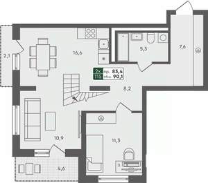 2-к квартира, строящийся дом, 90м2, 4/4 этаж
