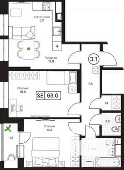 3-к квартира, вторичка, 63м2, 3/17 этаж
