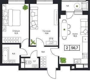 2-к квартира, вторичка, 57м2, 10/17 этаж