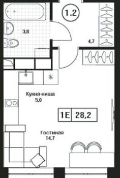 Студия квартира, вторичка, 28м2, 12/17 этаж