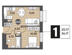 1-к квартира, строящийся дом, 36м2, 5/15 этаж