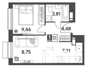 1-к квартира, строящийся дом, 34м2, 2/15 этаж