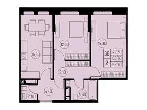 3-к квартира, строящийся дом, 64м2, 19/23 этаж