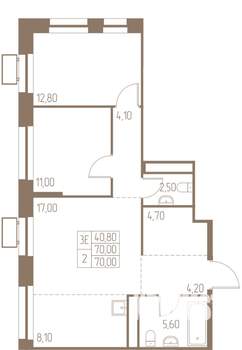 3-к квартира, строящийся дом, 70м2, 23/25 этаж