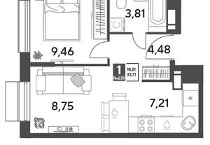 1-к квартира, строящийся дом, 34м2, 13/15 этаж