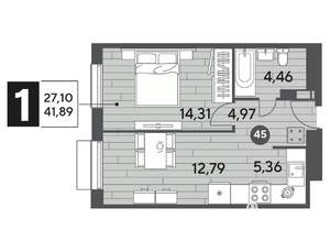 1-к квартира, строящийся дом, 42м2, 6/15 этаж