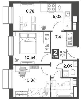 2-к квартира, строящийся дом, 48м2, 12/12 этаж