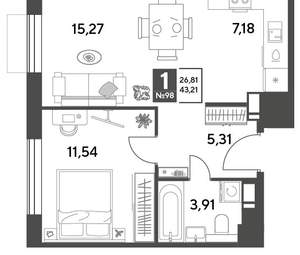 1-к квартира, строящийся дом, 43м2, 4/12 этаж