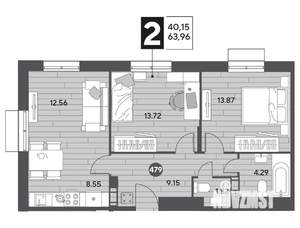 2-к квартира, строящийся дом, 64м2, 2/15 этаж