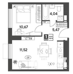 1-к квартира, строящийся дом, 39м2, 4/15 этаж