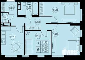 3-к квартира, строящийся дом, 75м2, 14/23 этаж