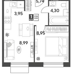 1-к квартира, строящийся дом, 32м2, 7/15 этаж