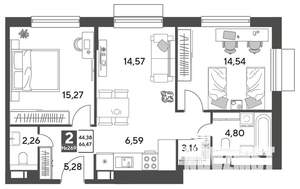 2-к квартира, строящийся дом, 66м2, 12/12 этаж