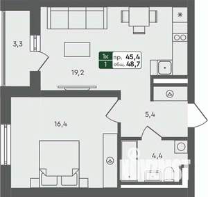 1-к квартира, строящийся дом, 49м2, 4/4 этаж