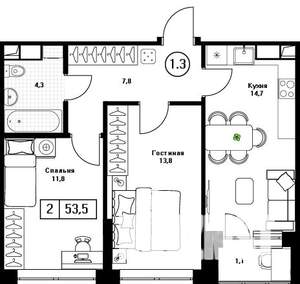2-к квартира, вторичка, 54м2, 10/13 этаж