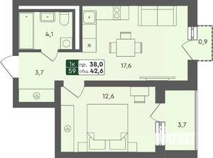 1-к квартира, строящийся дом, 43м2, 3/4 этаж