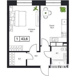 1-к квартира, вторичка, 44м2, 10/13 этаж