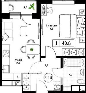 1-к квартира, вторичка, 41м2, 6/13 этаж