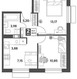 2-к квартира, строящийся дом, 44м2, 2/12 этаж