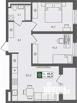 2-к квартира, строящийся дом, 67м2, 1/4 этаж