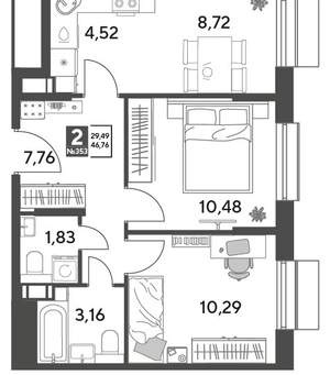 2-к квартира, строящийся дом, 47м2, 13/15 этаж