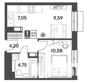 1-к квартира, строящийся дом, 36м2, 5/14 этаж