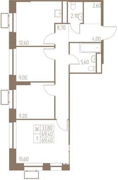 3-к квартира, строящийся дом, 69м2, 8/25 этаж