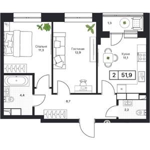 2-к квартира, вторичка, 52м2, 9/17 этаж