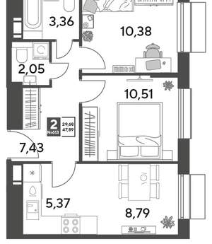 2-к квартира, строящийся дом, 48м2, 10/15 этаж