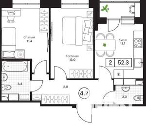 2-к квартира, вторичка, 52м2, 10/17 этаж