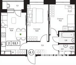 2-к квартира, вторичка, 53м2, 9/17 этаж
