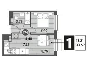 1-к квартира, строящийся дом, 34м2, 9/12 этаж