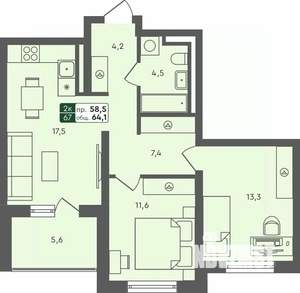 2-к квартира, строящийся дом, 64м2, 1/4 этаж