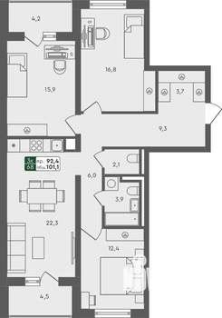 3-к квартира, строящийся дом, 101м2, 1/4 этаж