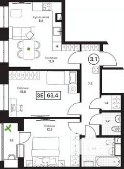 3-к квартира, вторичка, 63м2, 2/17 этаж
