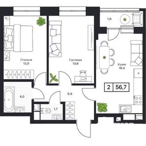 2-к квартира, вторичка, 57м2, 6/13 этаж