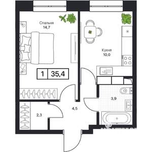 1-к квартира, вторичка, 35м2, 6/17 этаж