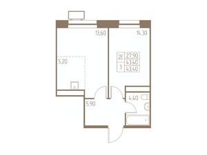 2-к квартира, строящийся дом, 43м2, 22/25 этаж