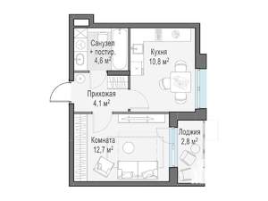 1-к квартира, строящийся дом, 34м2, 10/15 этаж